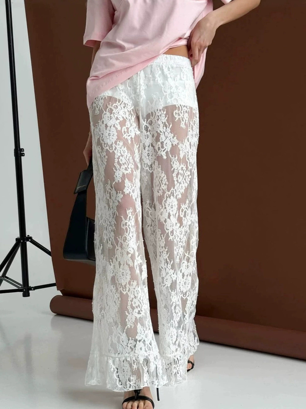 Forever 21 White High Waist Lace Flared Wide Leg Pants Summer Casual